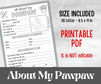 All about my Pawpaw, Pawpaw questionnaire, facts about pawpaw, preschool worksheet, printable interview, kindergarten activity, personalised
