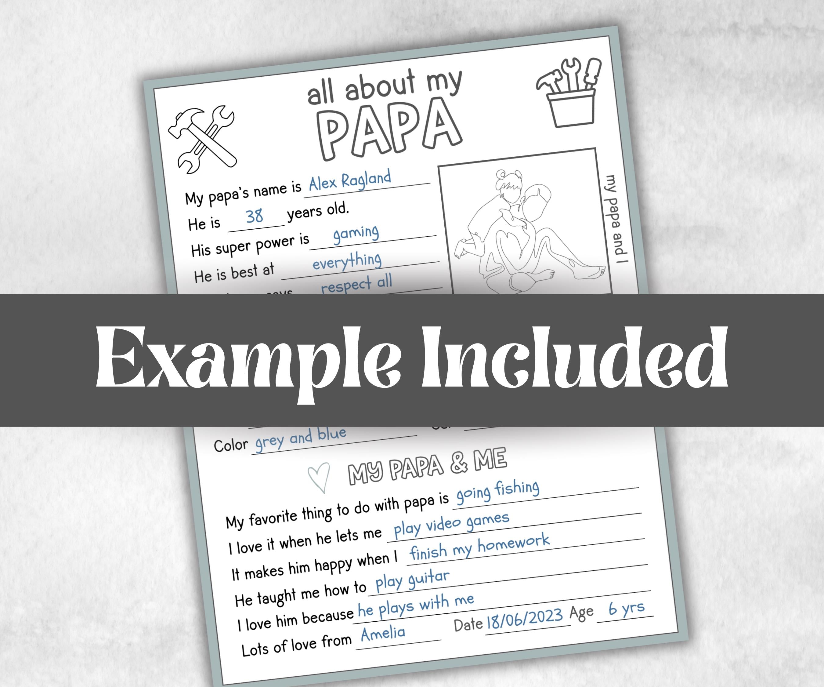 All about my Papa, Bonus Dad questionnaire, facts about Papa, preschool worksheet, printable interview, kindergarten activity, personalised