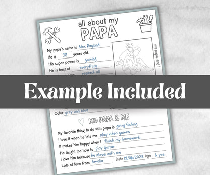 All about my Papa, Bonus Dad questionnaire, facts about Papa, preschool worksheet, printable interview, kindergarten activity, personalised