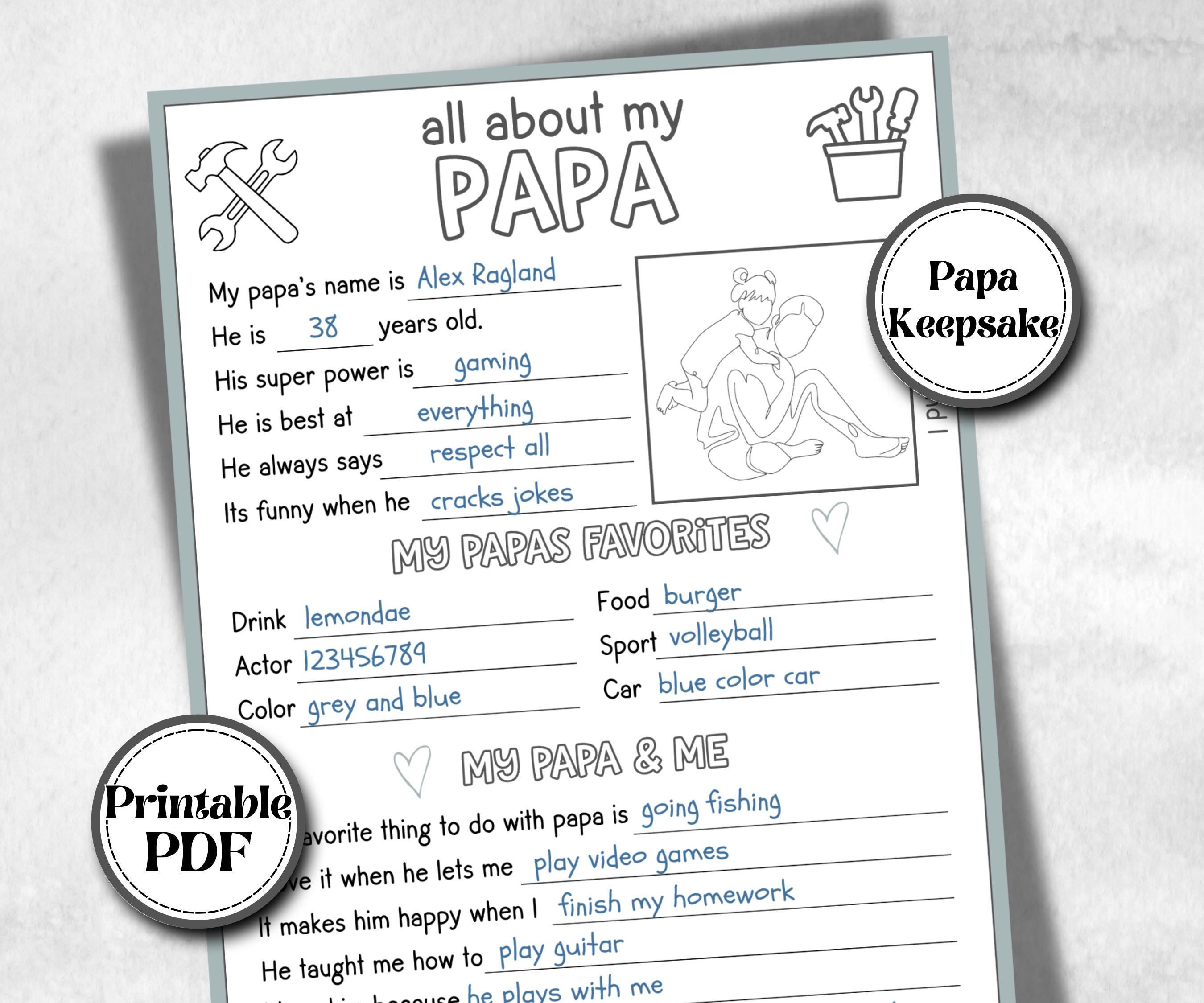 All about my Papa, Bonus Dad questionnaire, facts about Papa, preschool worksheet, printable interview, kindergarten activity, personalised