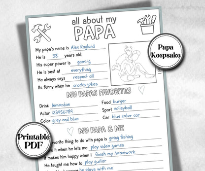 All about my Papa, Bonus Dad questionnaire, facts about Papa, preschool worksheet, printable interview, kindergarten activity, personalised