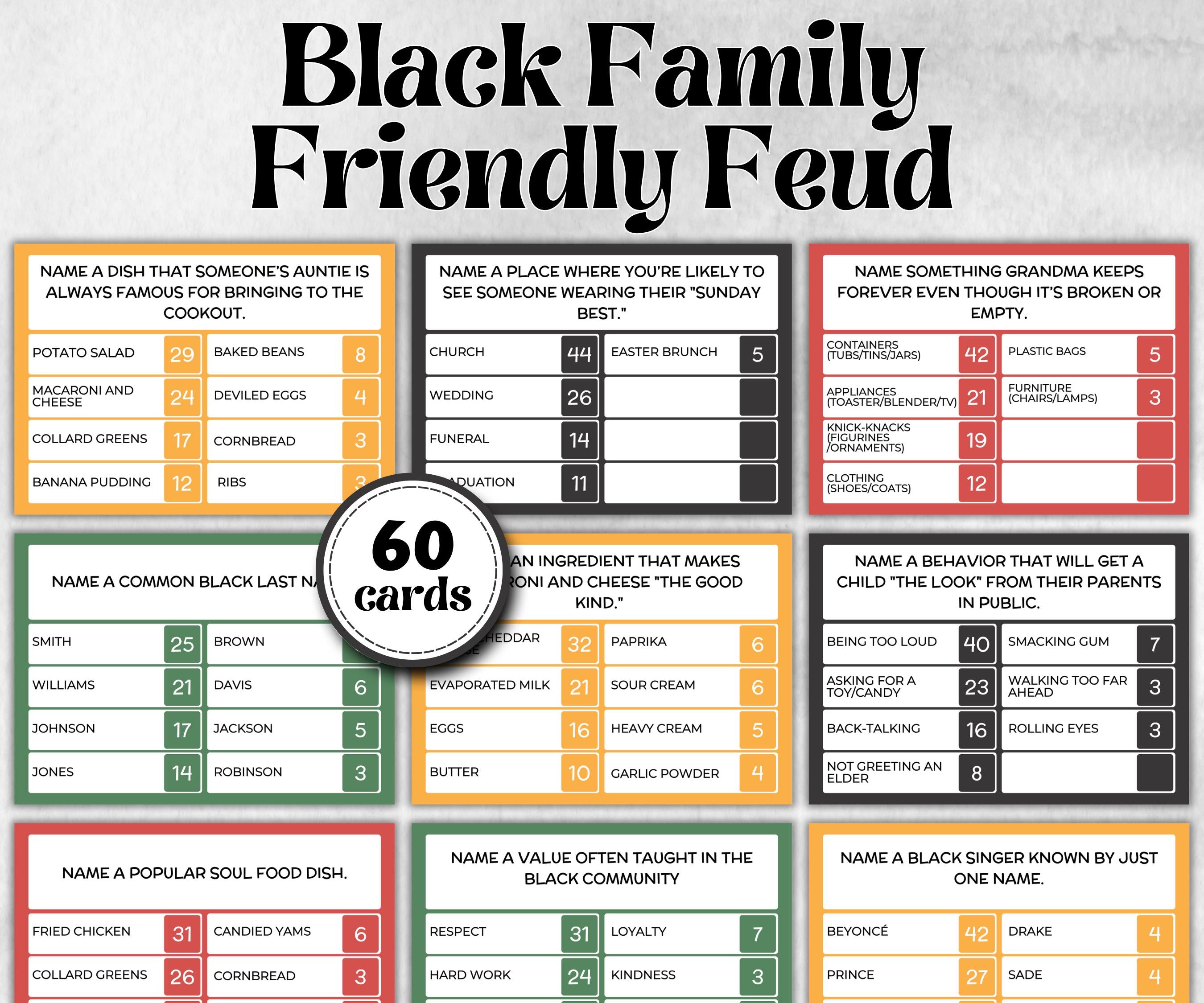 Black Family Friendly Feud, African American, Black Culture, Birthday icebreaker activity, community picnic, classroom activity, card game