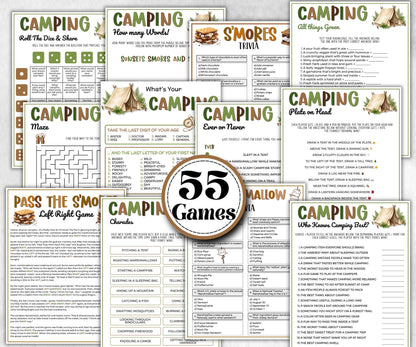 Camping Games Bundle, Nature Scavenger Hunt, summer fall spring winter camping, Trivia night, office team camping, camping themed birthday