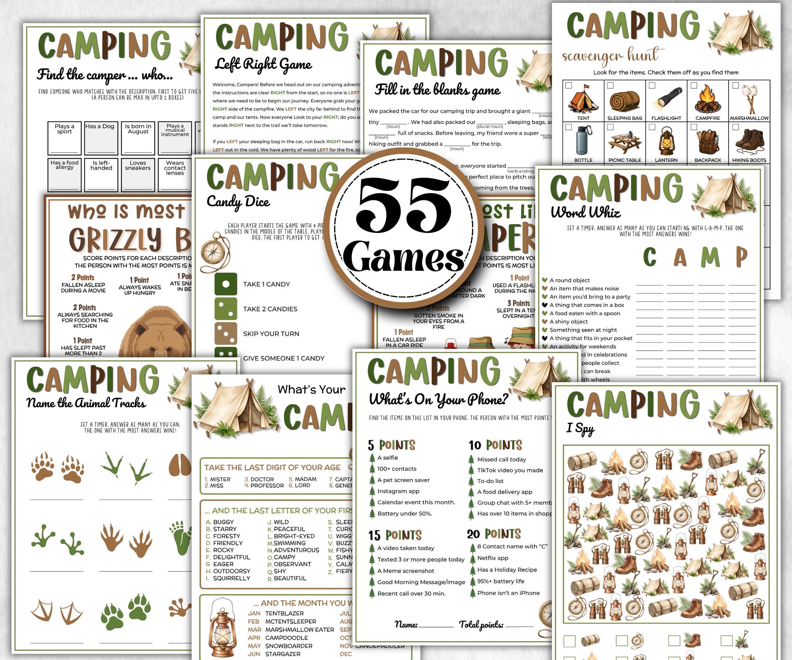 Camping Games Bundle, Nature Scavenger Hunt, summer fall spring winter camping, Trivia night, office team camping, camping themed birthday