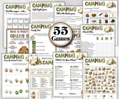 Camping Games Bundle, Nature Scavenger Hunt, summer fall spring winter camping, Trivia night, office team camping, camping themed birthday