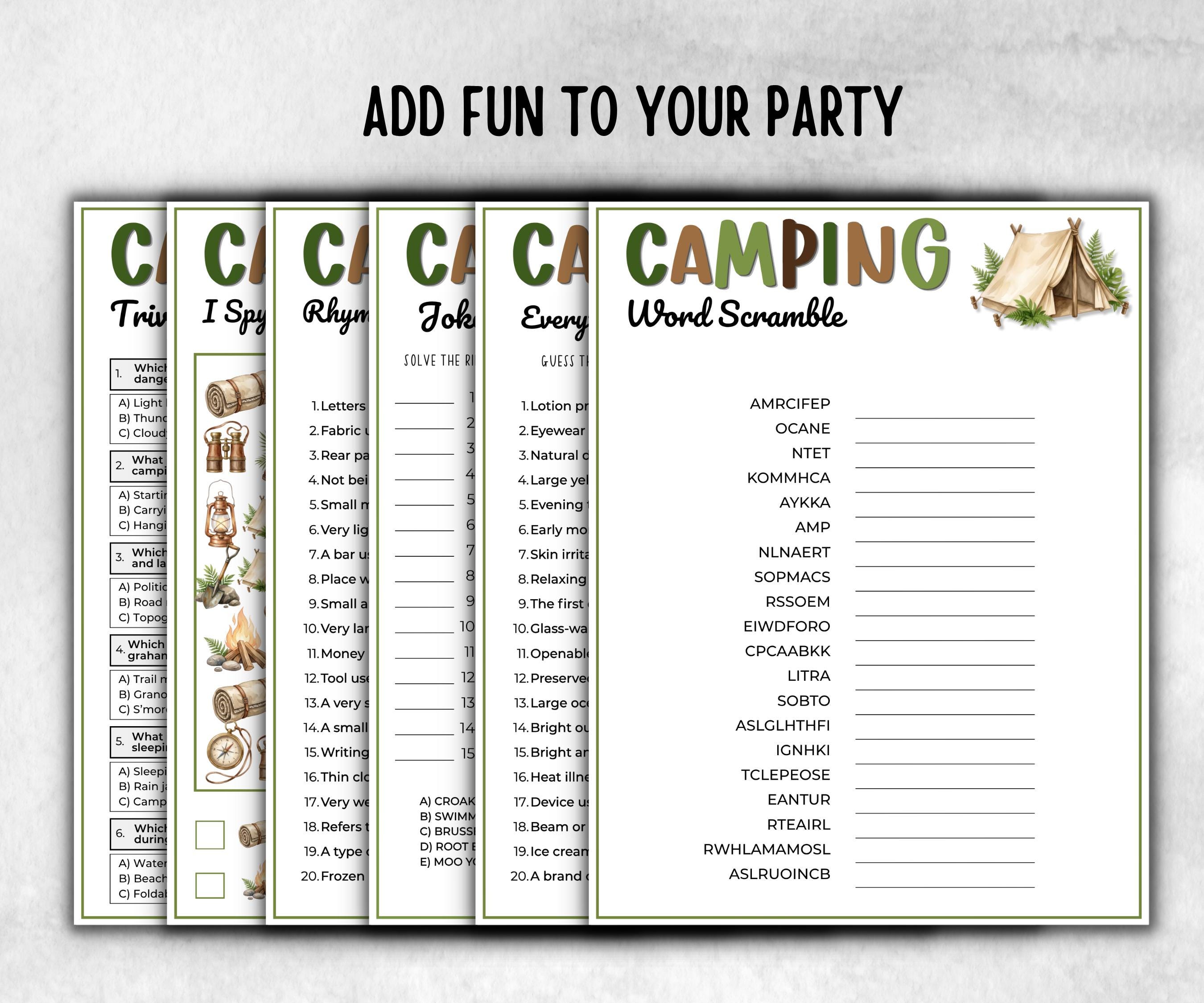 Camping Games Bundle, Nature Scavenger Hunt, summer fall spring winter camping, Trivia night, office team camping, camping themed birthday
