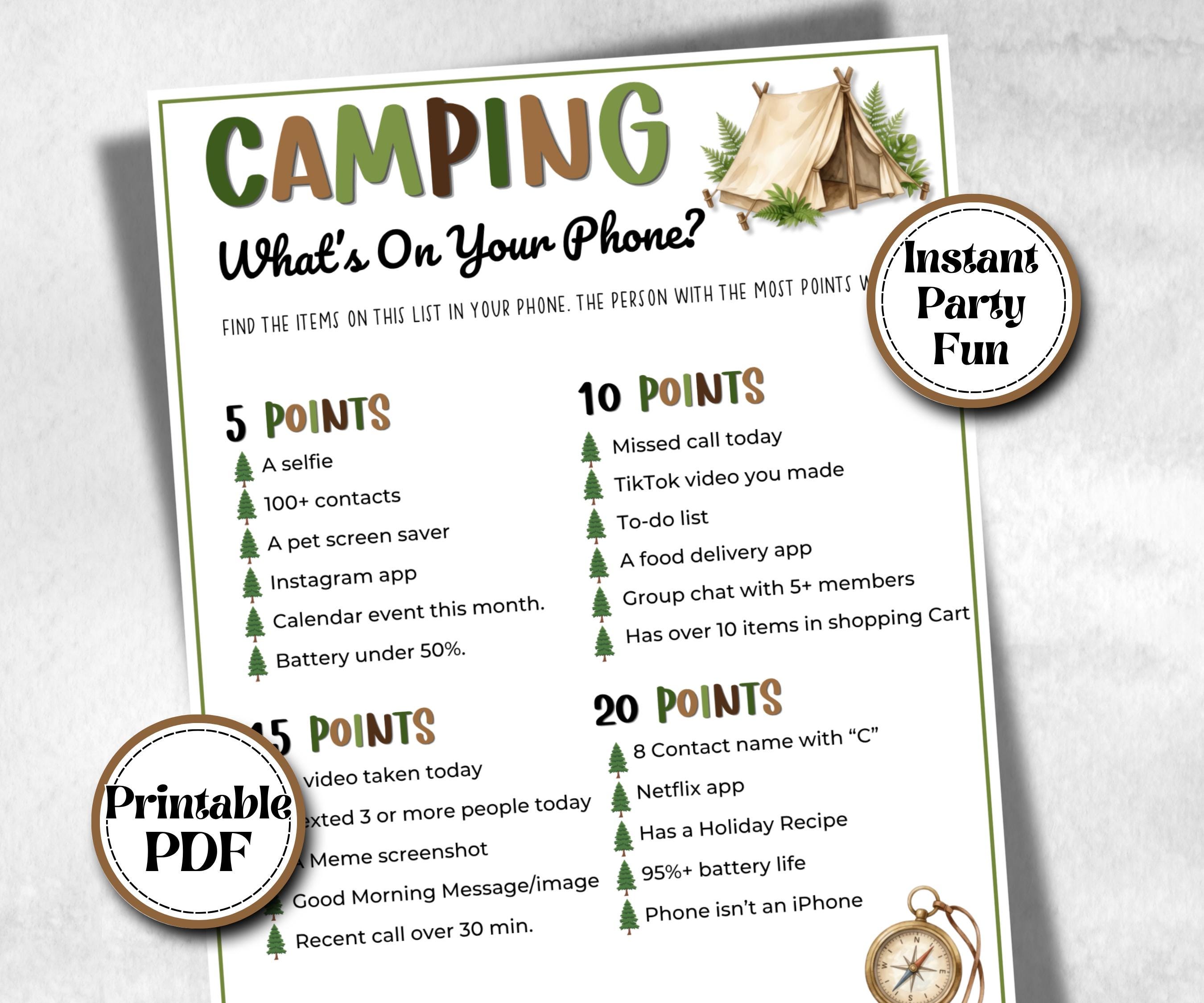 Camping What's on your phone, fire pit activities, Print outdoor group party, campground, backyard bbq, summertime campfire, boy girl scout