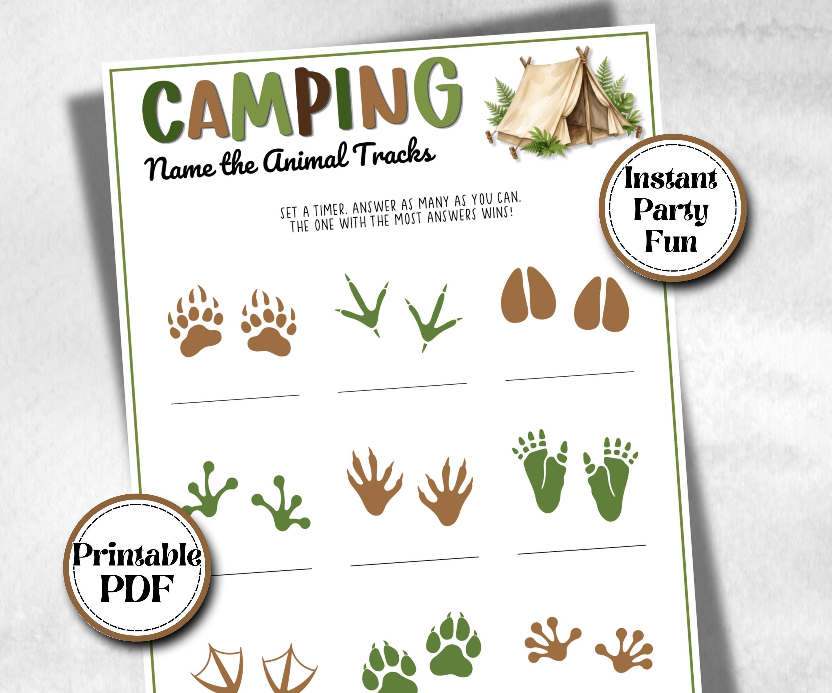 Camping Name the Animal Tracks, fire pit activities, outdoor group party, campground, backyard bbq, summertime campfire, boy girl scout quiz