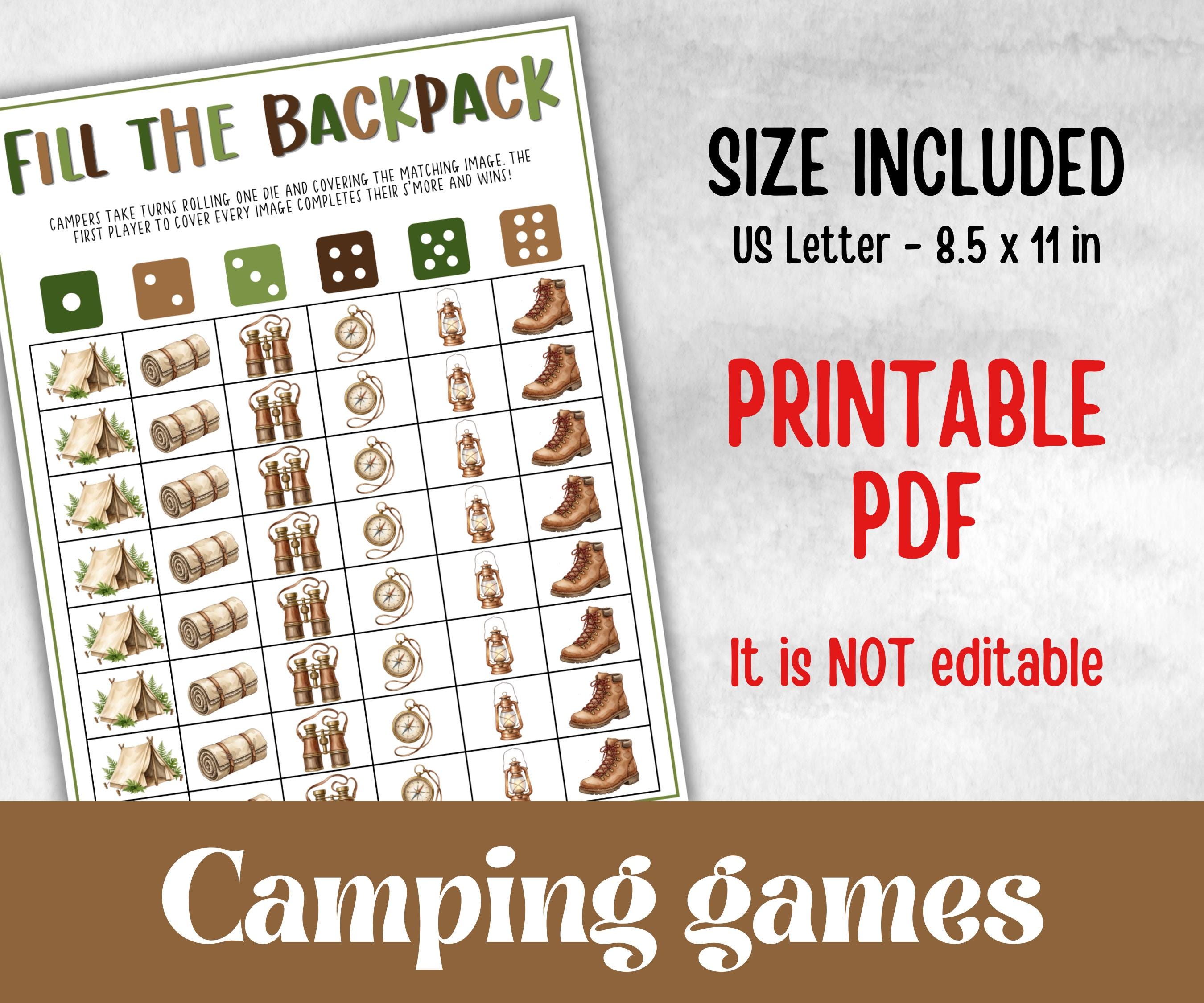 Camping Fill the Backpack, fire pit activities, outdoor group party, campground, backyard bbq, summertime campfire, boy girl scout bagpack