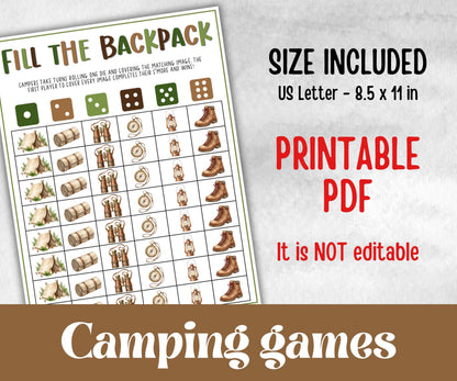 Camping Fill the Backpack, fire pit activities, outdoor group party, campground, backyard bbq, summertime campfire, boy girl scout bagpack