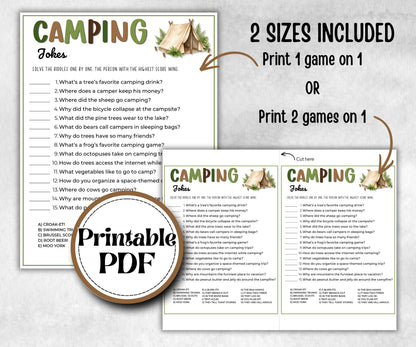 Camping Jokes and Riddles, fire pit activities, outdoor group party, campground, backyard bbq, summertime campfire, boy girl scout quizzes