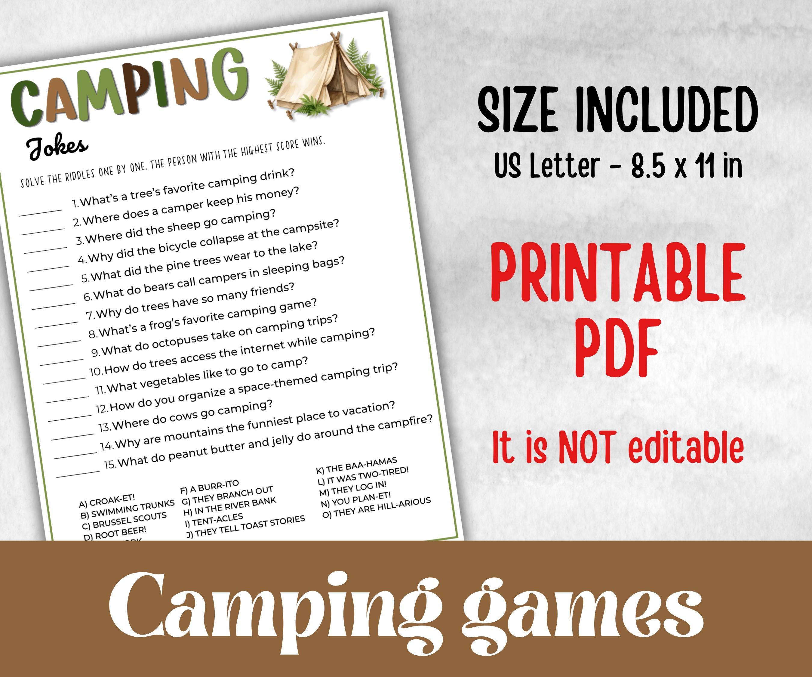 Camping Jokes and Riddles, fire pit activities, outdoor group party, campground, backyard bbq, summertime campfire, boy girl scout quizzes