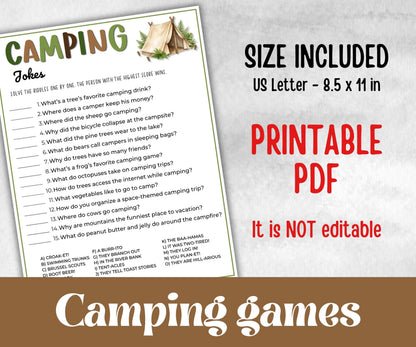 Camping Jokes and Riddles, fire pit activities, outdoor group party, campground, backyard bbq, summertime campfire, boy girl scout quizzes