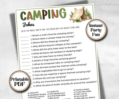 Camping Jokes and Riddles, fire pit activities, outdoor group party, campground, backyard bbq, summertime campfire, boy girl scout quizzes