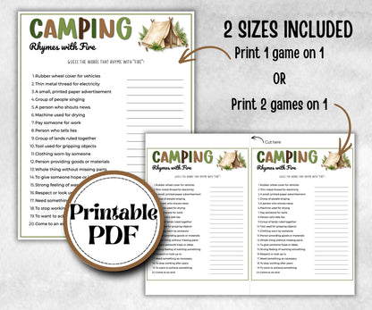 Camping Rhymes with Fire, fire pit activities, Printable outdoor group party, campground, backyard bbq, summertime campfire, boy girl scout