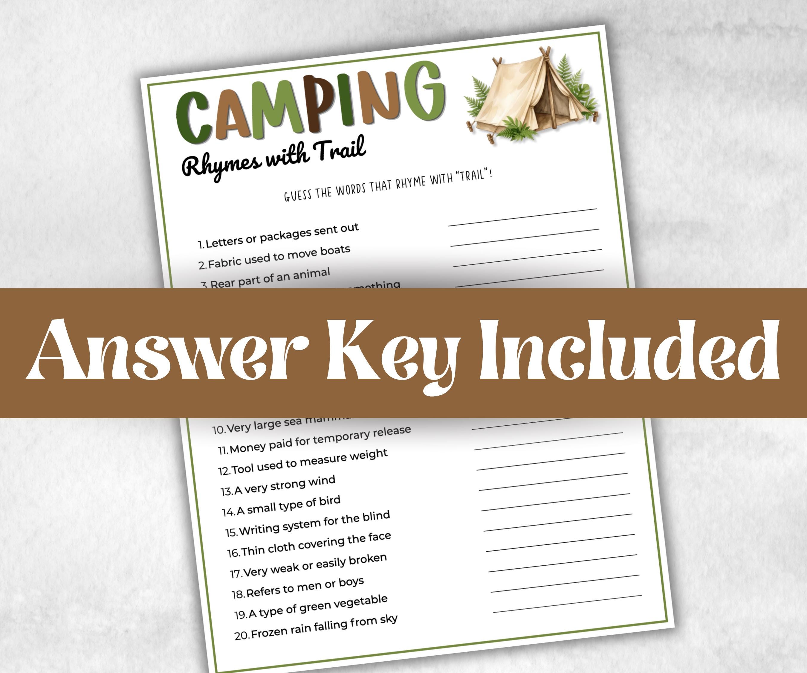 Camping Rhymes with Trail, fire pit activities, Printable outdoor group party, campground, backyard bbq, summertime campfire, boy girl scout
