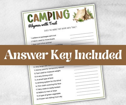 Camping Rhymes with Trail, fire pit activities, Printable outdoor group party, campground, backyard bbq, summertime campfire, boy girl scout