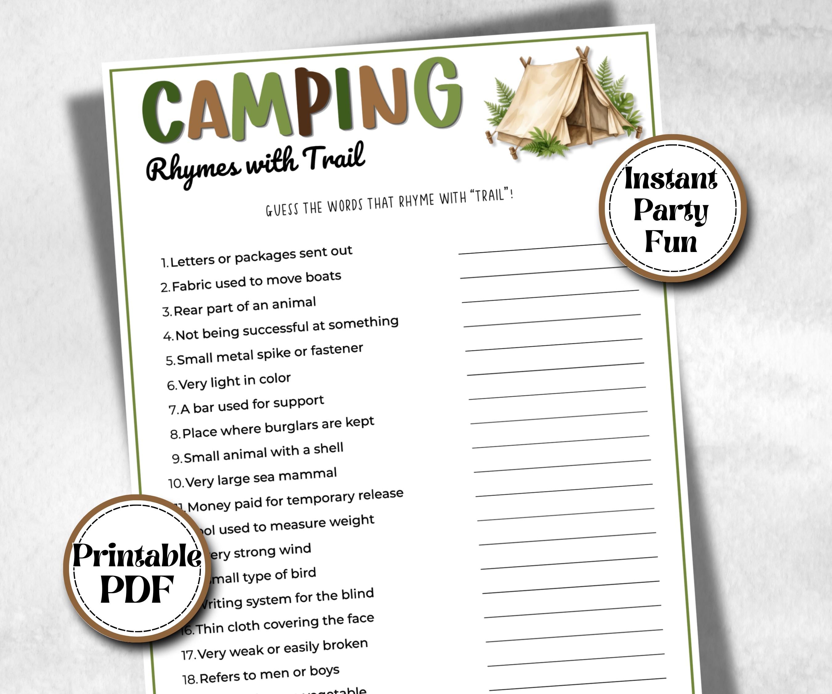 Camping Rhymes with Trail, fire pit activities, Printable outdoor group party, campground, backyard bbq, summertime campfire, boy girl scout
