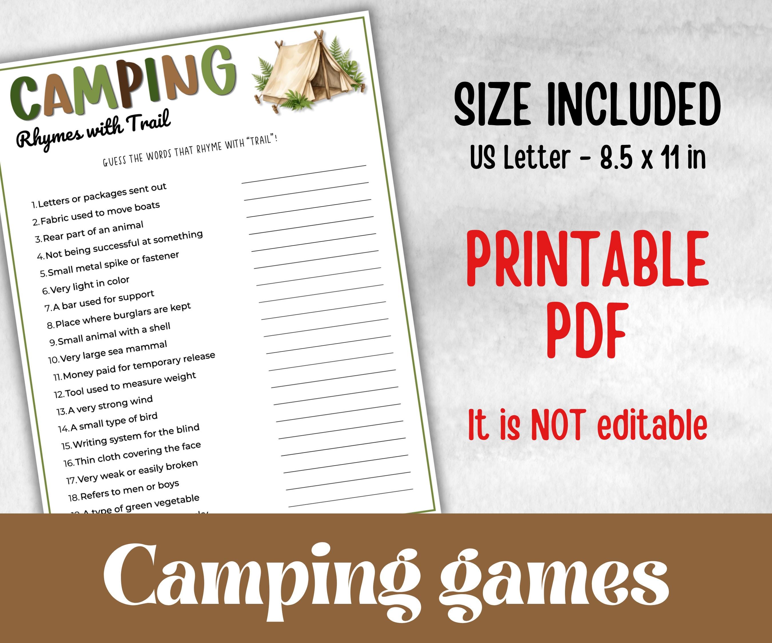 Camping Rhymes with Trail, fire pit activities, Printable outdoor group party, campground, backyard bbq, summertime campfire, boy girl scout