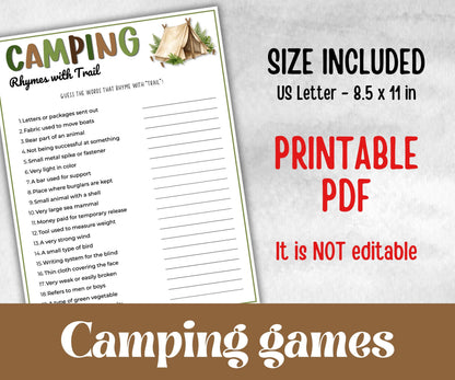 Camping Rhymes with Trail, fire pit activities, Printable outdoor group party, campground, backyard bbq, summertime campfire, boy girl scout