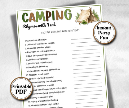 Camping Rhymes with Trail, fire pit activities, Printable outdoor group party, campground, backyard bbq, summertime campfire, boy girl scout