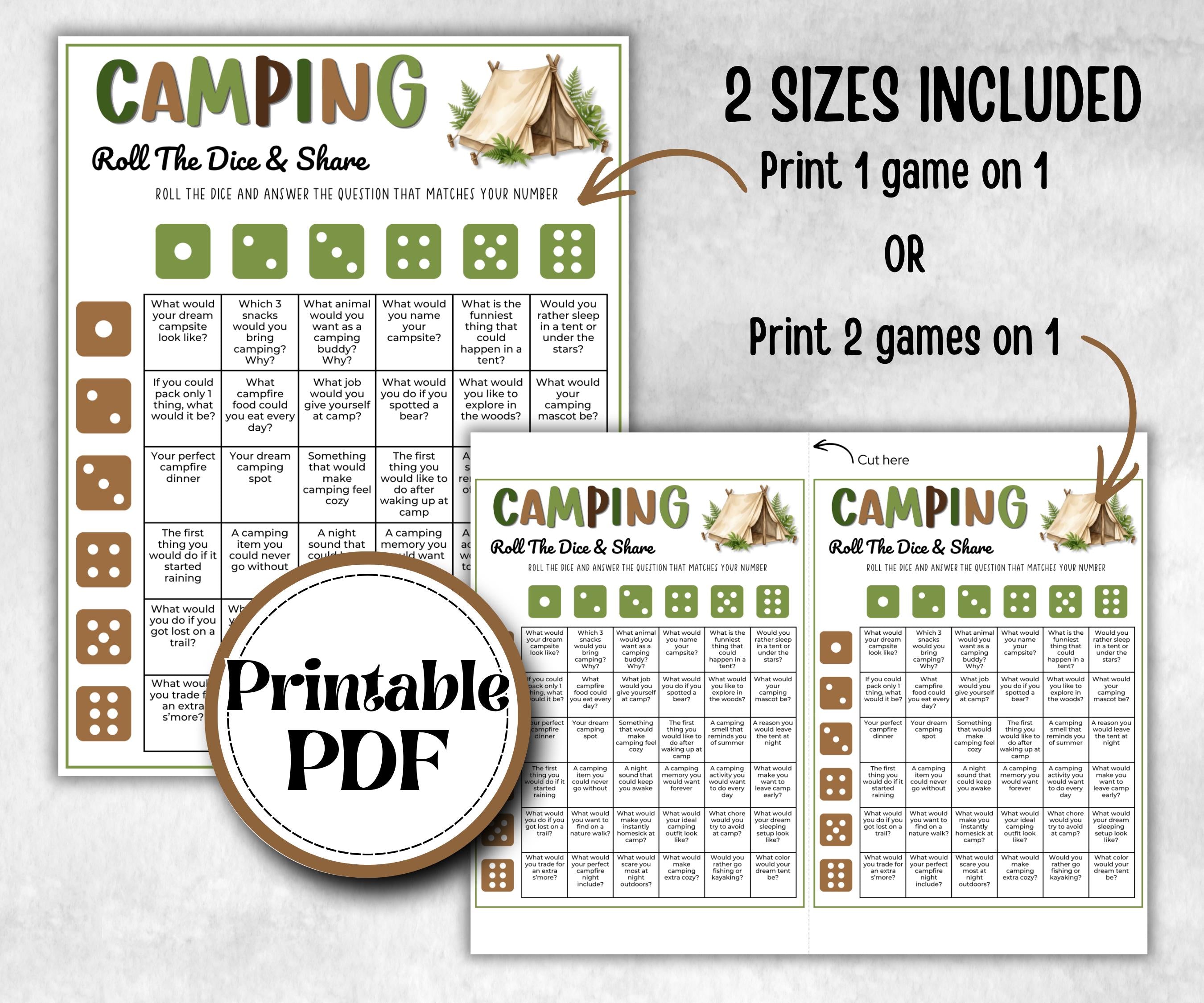Camping Conversation Starter, fire pit activity, Printable outdoor group party, talking dice, backyard bbq, summer campfire, Roll the Dice