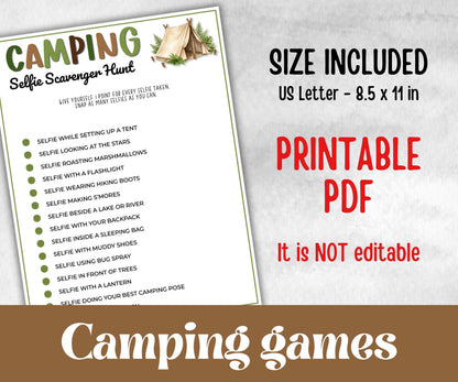 Camping Selfie Scavenger Hunt, fire pit activities, Printable outdoor group party, backyard bbq, summer campfire, boy girl scout, campground