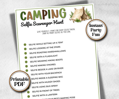 Camping Selfie Scavenger Hunt, fire pit activities, Printable outdoor group party, backyard bbq, summer campfire, boy girl scout, campground