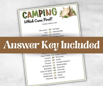 Camping Which came first, fire pit activity, Printable group party, campground, hiking trail, overnight camper baby, camping roadtrip games