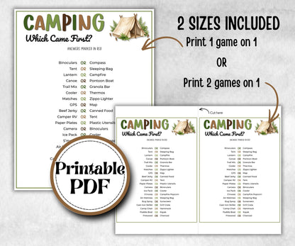 Camping Which came first, fire pit activity, Printable group party, campground, hiking trail, overnight camper baby, camping roadtrip games