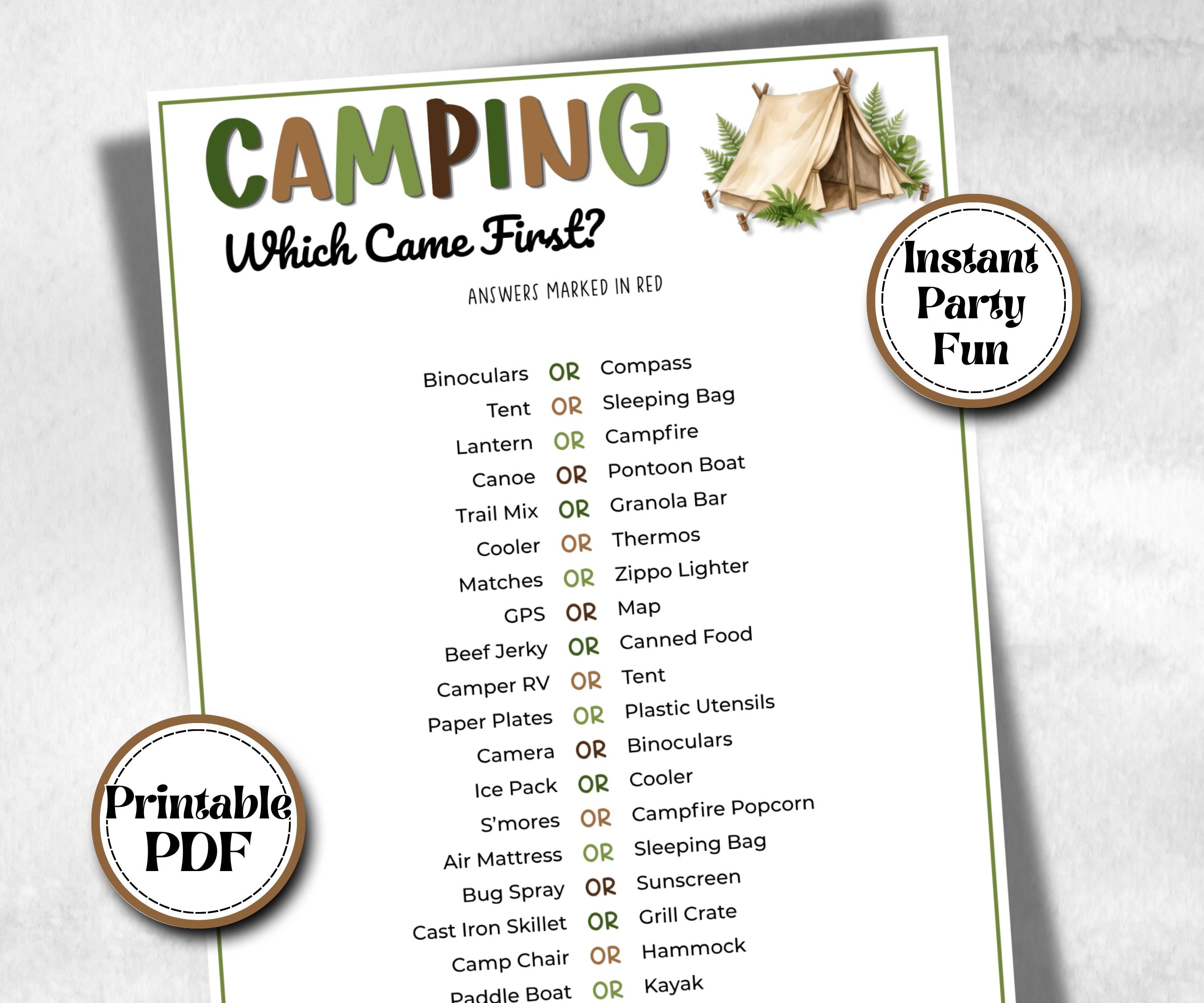 Camping Which came first, fire pit activity, Printable group party, campground, hiking trail, overnight camper baby, camping roadtrip games