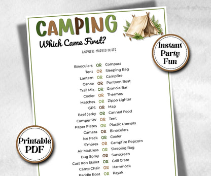 Camping Which came first, fire pit activity, Printable group party, campground, hiking trail, overnight camper baby, camping roadtrip games
