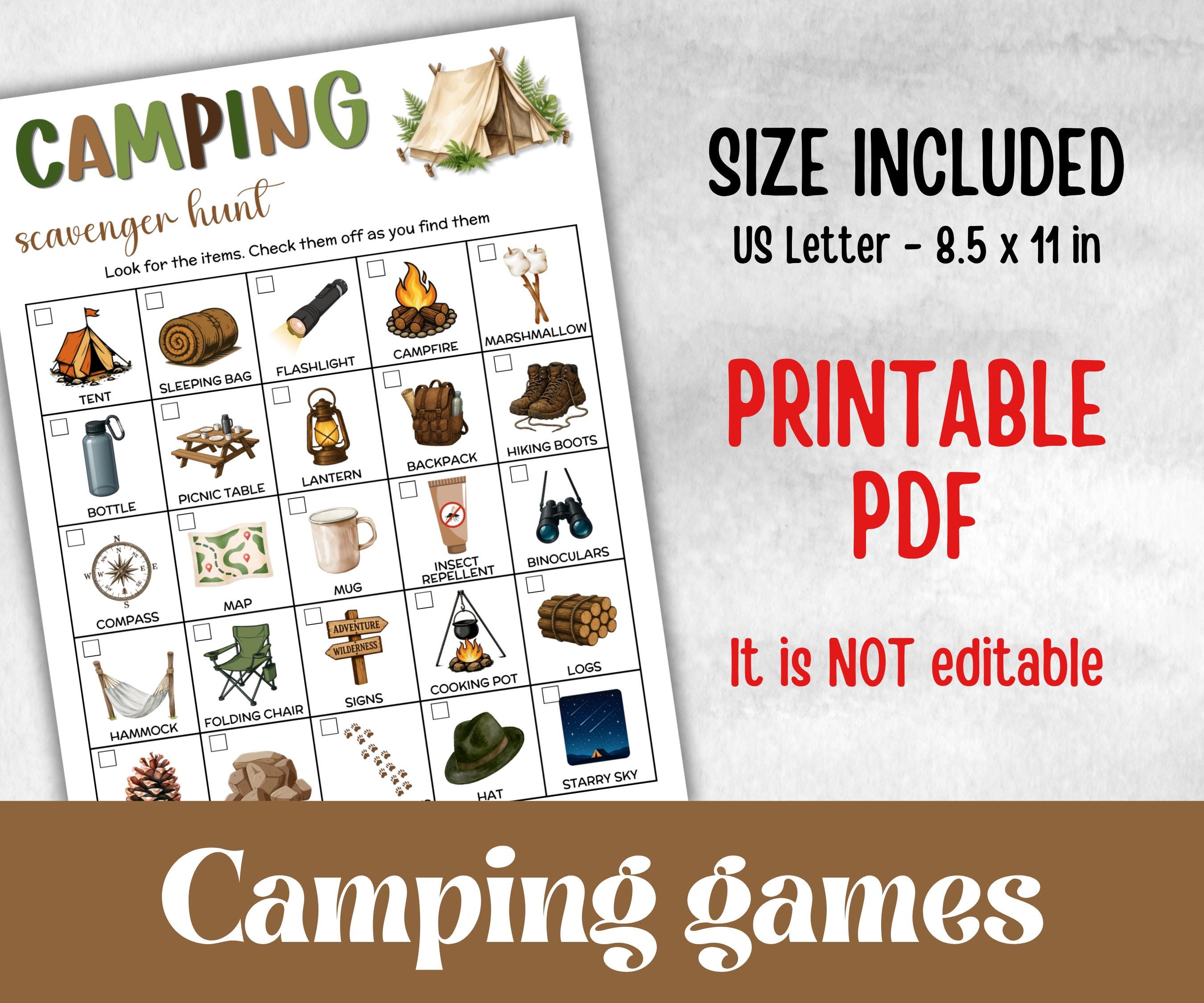 Camping Photo Scavenger Hunt, fire pit activity, Printable group party, campground, hiking trail, overnight camper baby, camping roadtrip