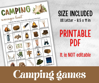 Camping Photo Scavenger Hunt, fire pit activity, Printable group party, campground, hiking trail, overnight camper baby, camping roadtrip