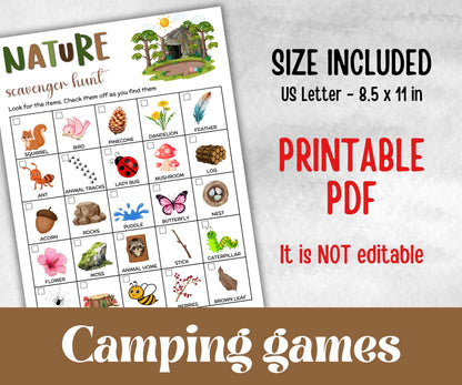 Nature Photo Scavenger Hunt, fire pit activity, Printable group party, campground, hiking trail, overnight camper baby, camping roadtrip fun