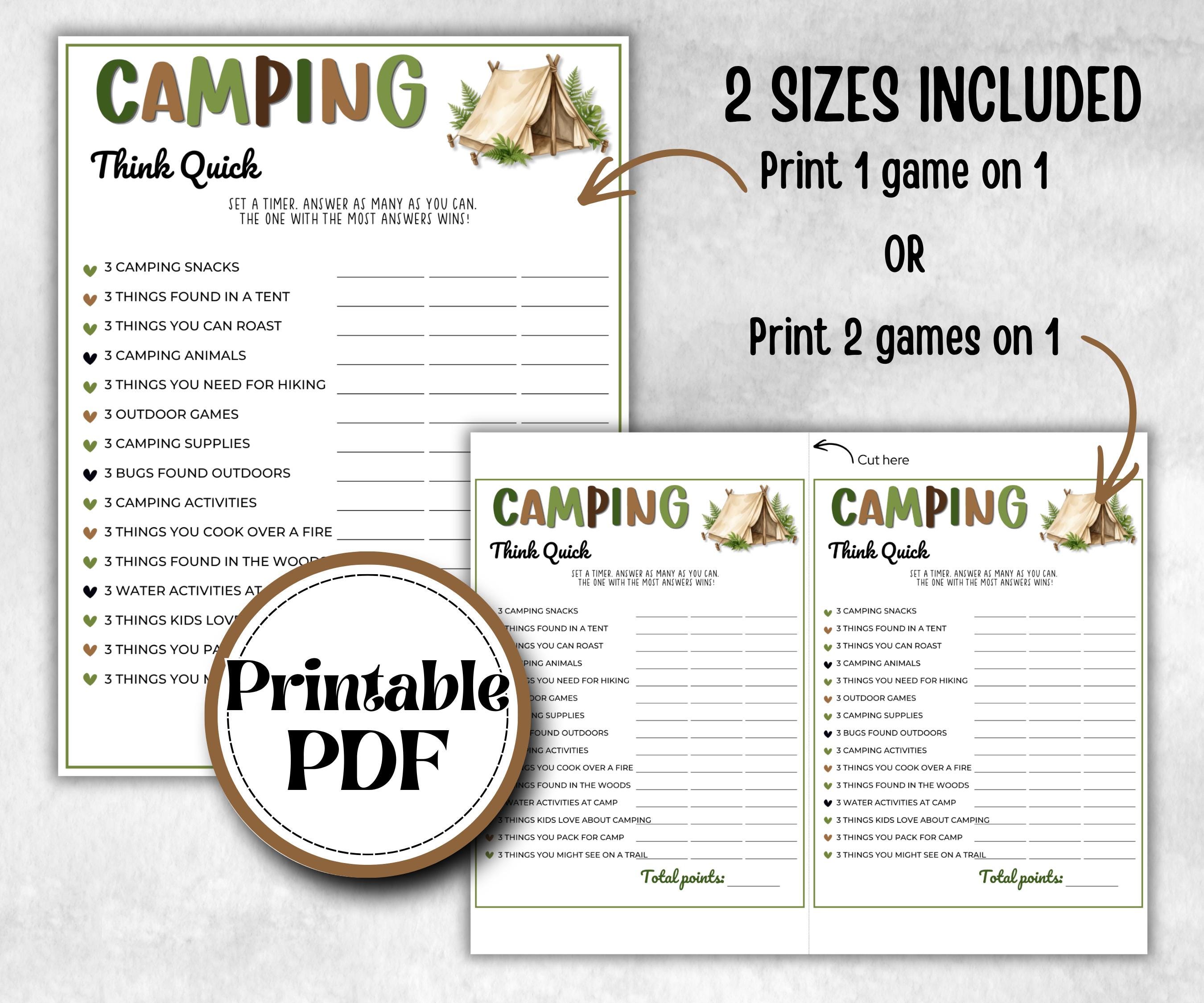 Camping Think Quick, fire pit activity, Printable group party, campground, hiking trail, overnight camper baby, camping roadtrip, Think fast