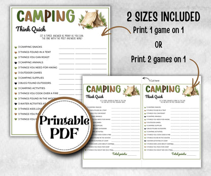 Camping Think Quick, fire pit activity, Printable group party, campground, hiking trail, overnight camper baby, camping roadtrip, Think fast