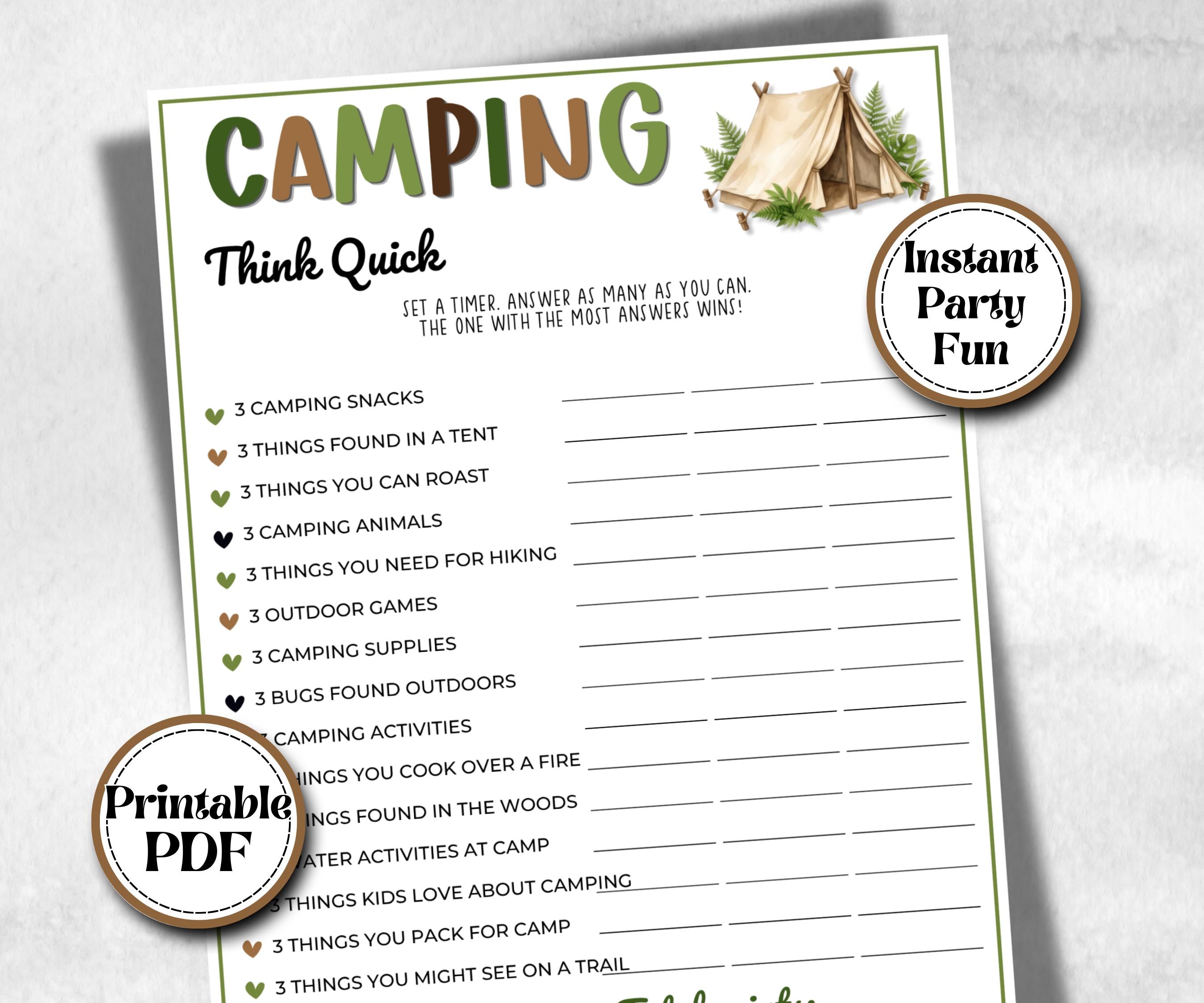 Camping Think Quick, fire pit activity, Printable group party, campground, hiking trail, overnight camper baby, camping roadtrip, Think fast