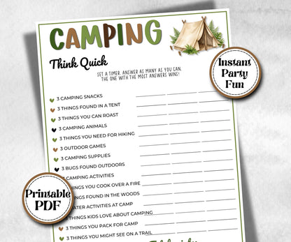 Camping Think Quick, fire pit activity, Printable group party, campground, hiking trail, overnight camper baby, camping roadtrip, Think fast
