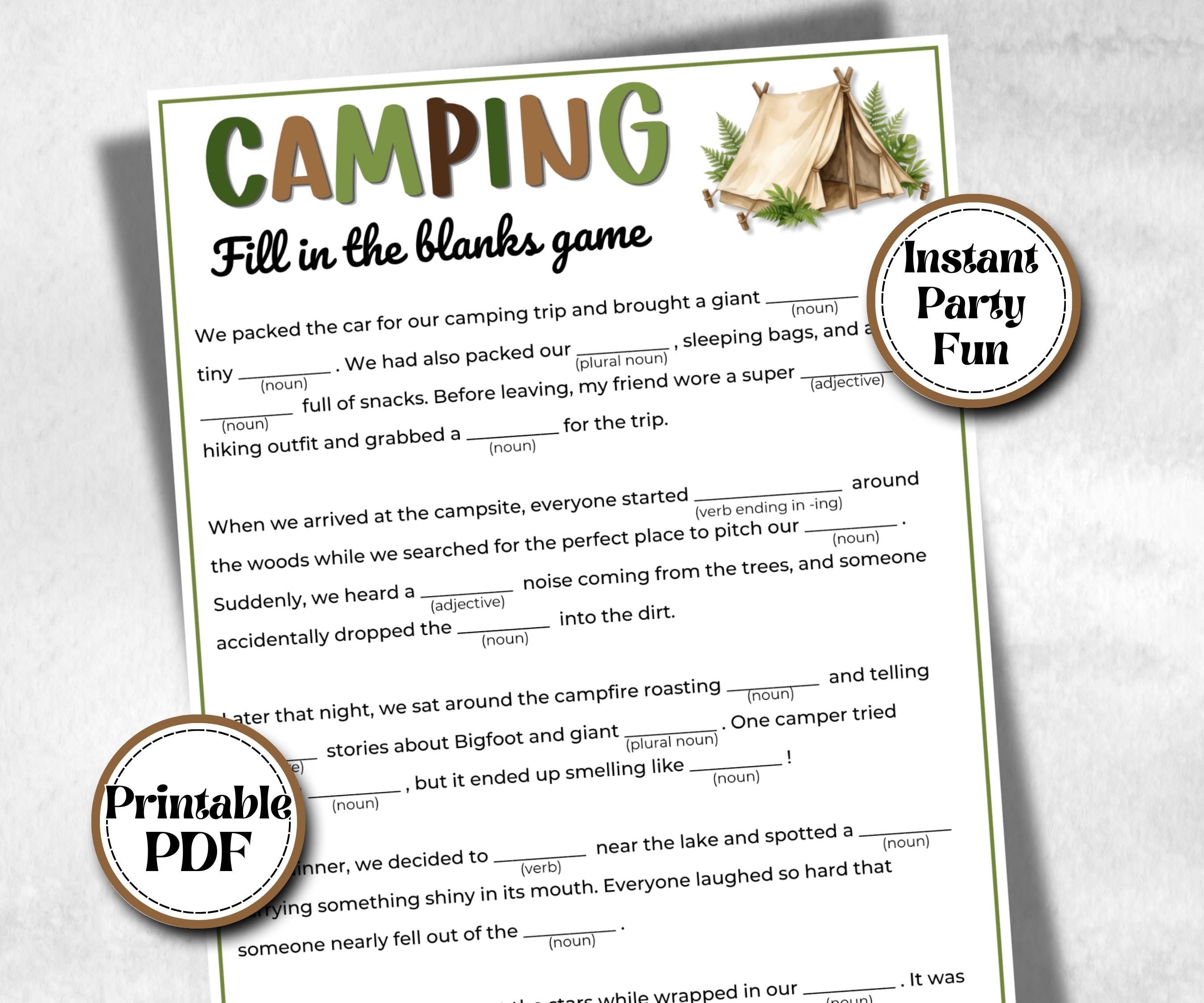 Camping Fill in the blanks, fire pit activity, Printable group party, campground, hiking trail, overnight camper baby, camping roadtrip mad
