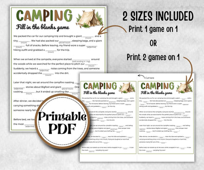 Camping Fill in the blanks, fire pit activity, Printable group party, campground, hiking trail, overnight camper baby, camping roadtrip mad