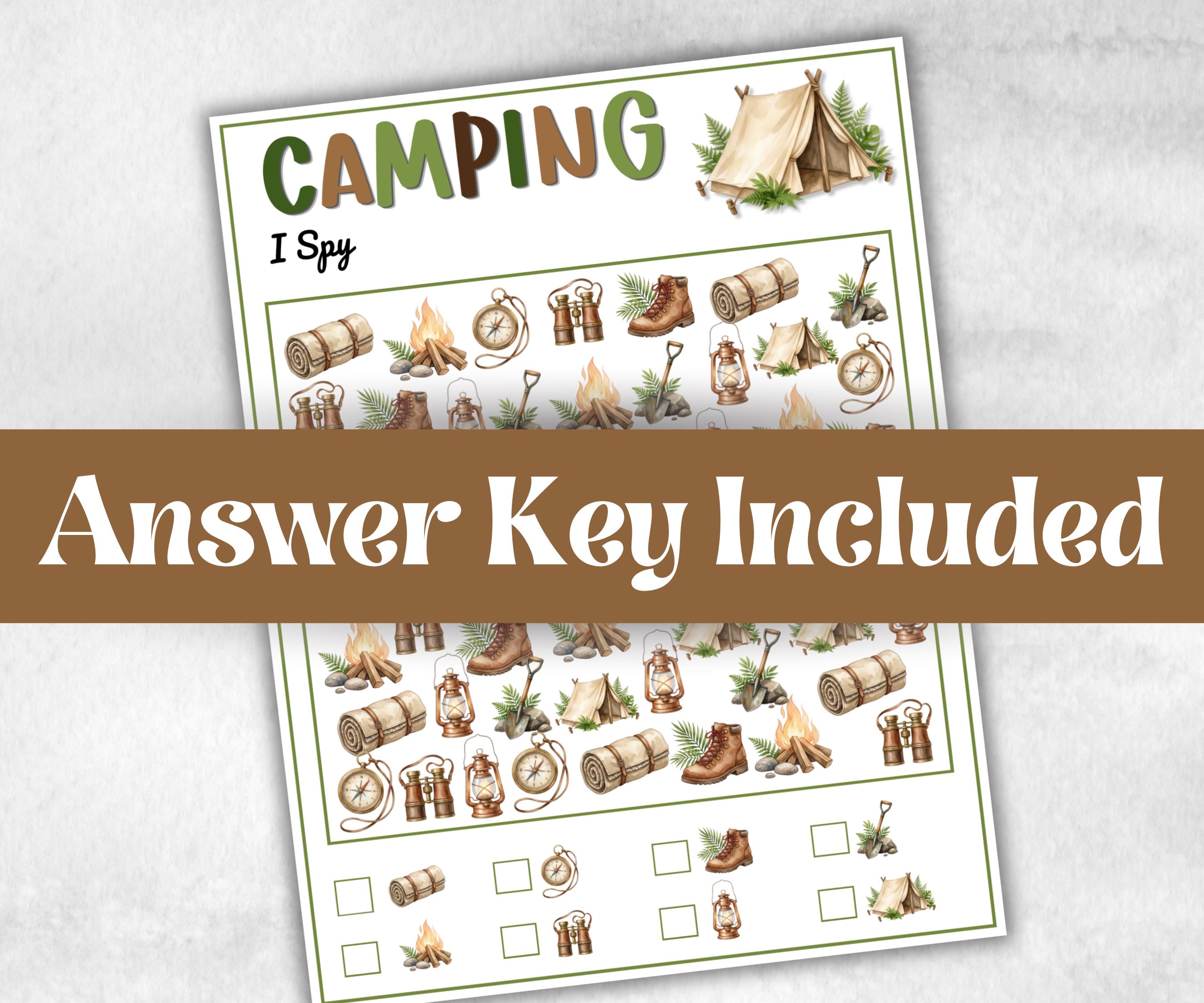 Camping I Spy, fire pit activity, Printable group party, campground, hiking trail, overnight camper baby, camping roadtrip, counting game