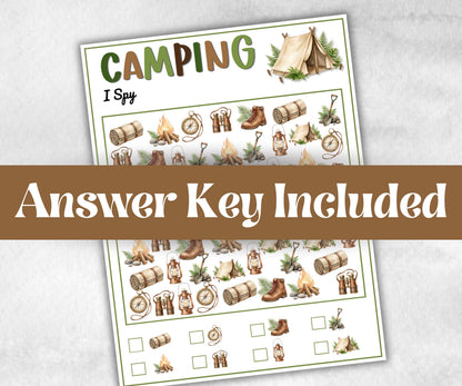 Camping I Spy, fire pit activity, Printable group party, campground, hiking trail, overnight camper baby, camping roadtrip, counting game