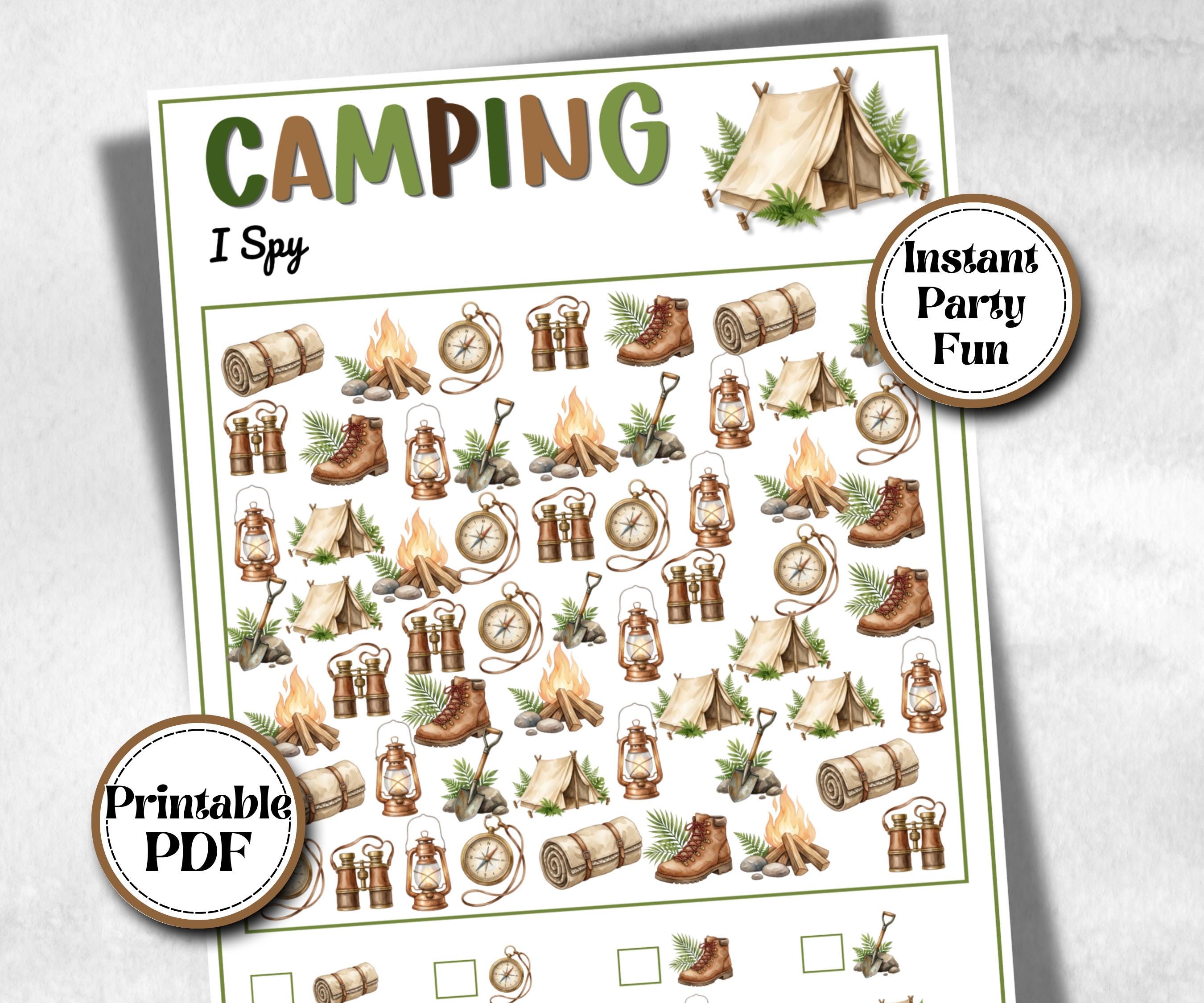 Camping I Spy, fire pit activity, Printable group party, campground, hiking trail, overnight camper baby, camping roadtrip, counting game