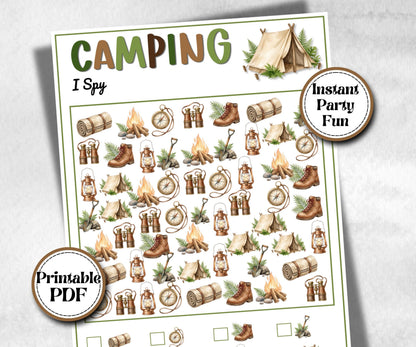 Camping I Spy, fire pit activity, Printable group party, campground, hiking trail, overnight camper baby, camping roadtrip, counting game