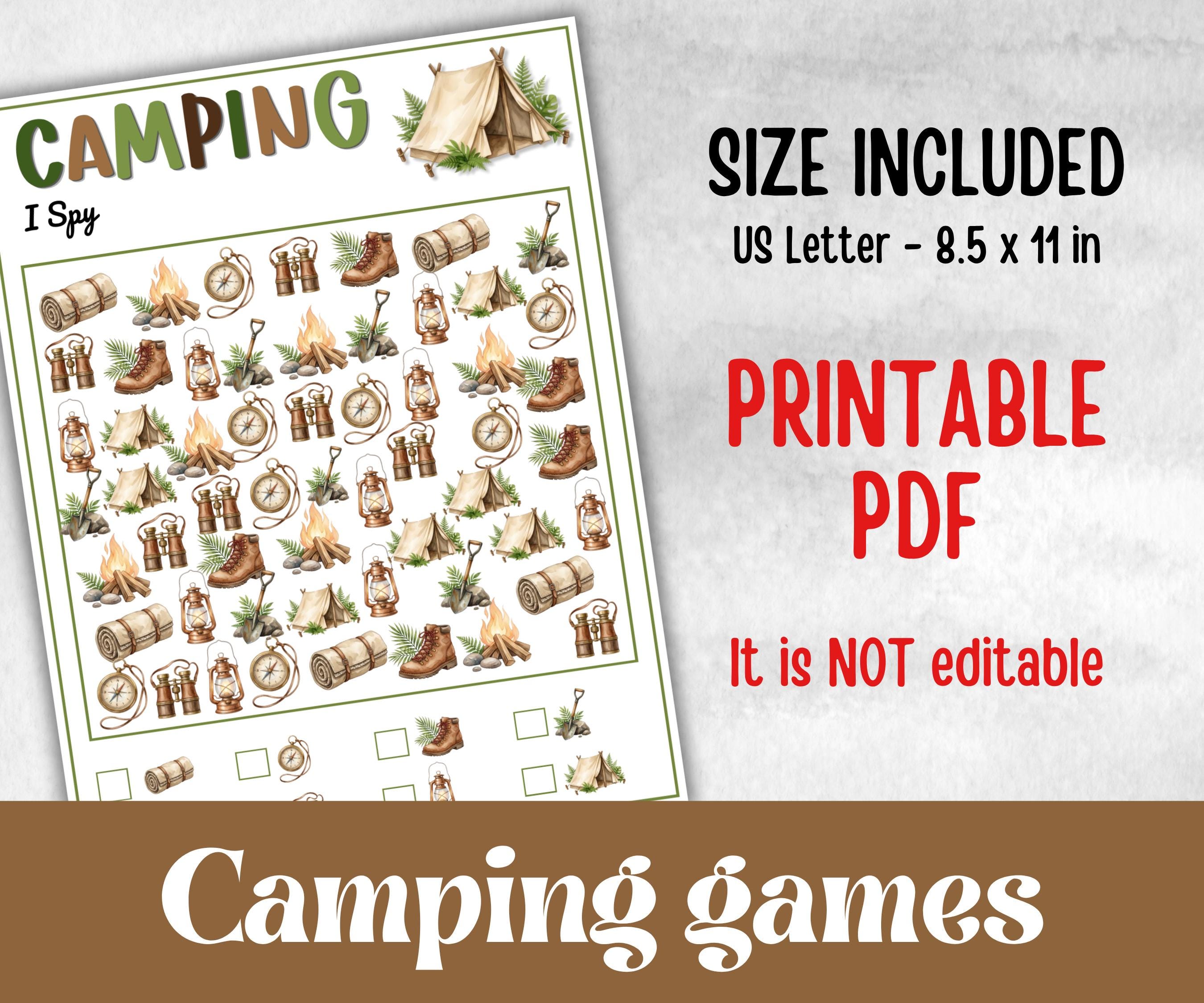 Camping I Spy, fire pit activity, Printable group party, campground, hiking trail, overnight camper baby, camping roadtrip, counting game