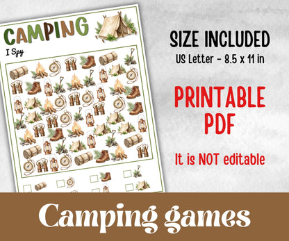 Camping I Spy, fire pit activity, Printable group party, campground, hiking trail, overnight camper baby, camping roadtrip, counting game