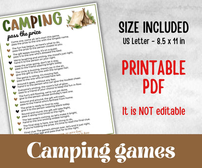 Camping Pass the Prize, printable Gift Exchange, gift passing poem, rhyme, pass the gift, pass the present, pass the parcel, camp left right