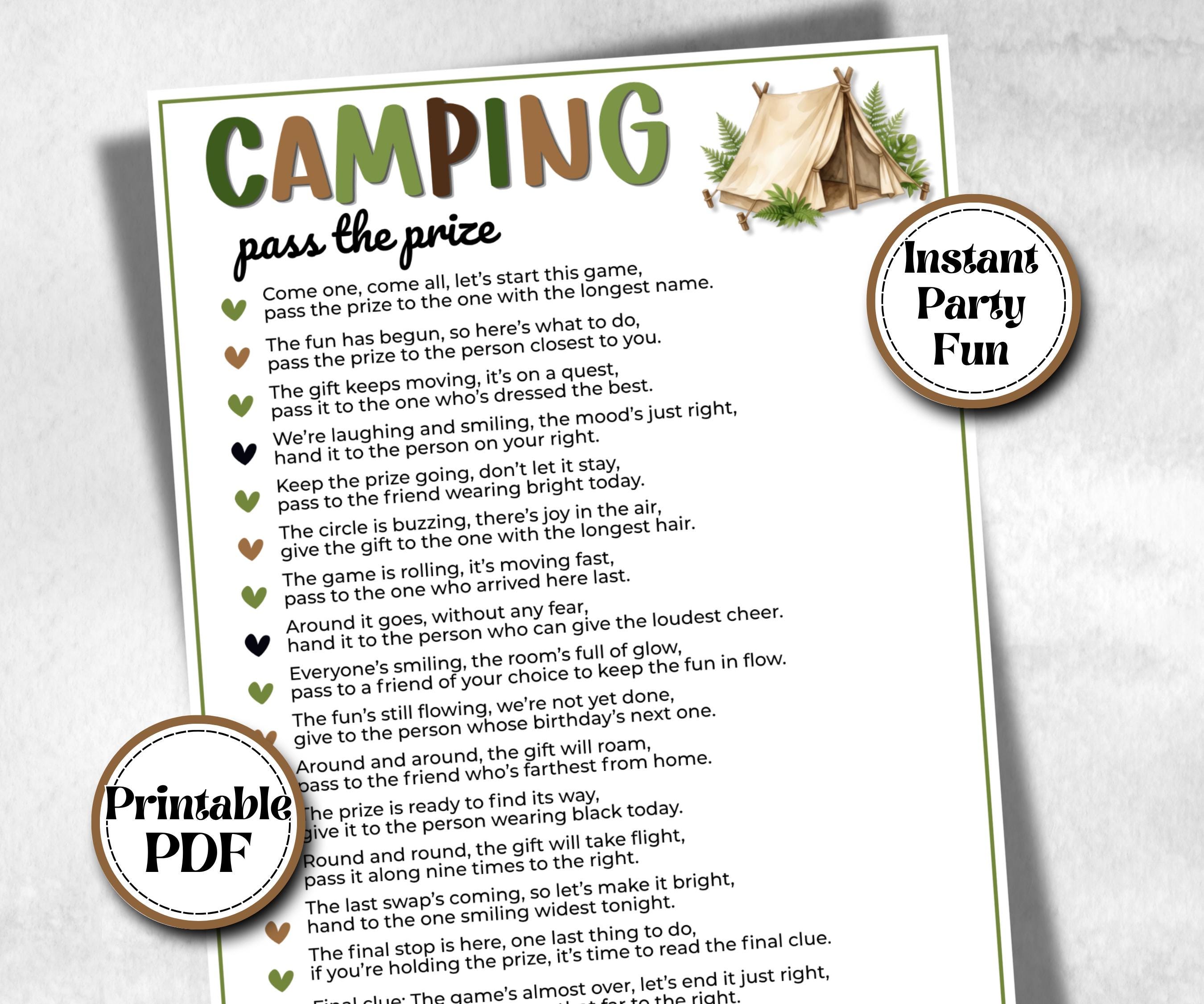 Camping Pass the Prize, printable Gift Exchange, gift passing poem, rhyme, pass the gift, pass the present, pass the parcel, camp left right