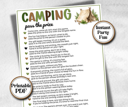 Camping Pass the Prize, printable Gift Exchange, gift passing poem, rhyme, pass the gift, pass the present, pass the parcel, camp left right